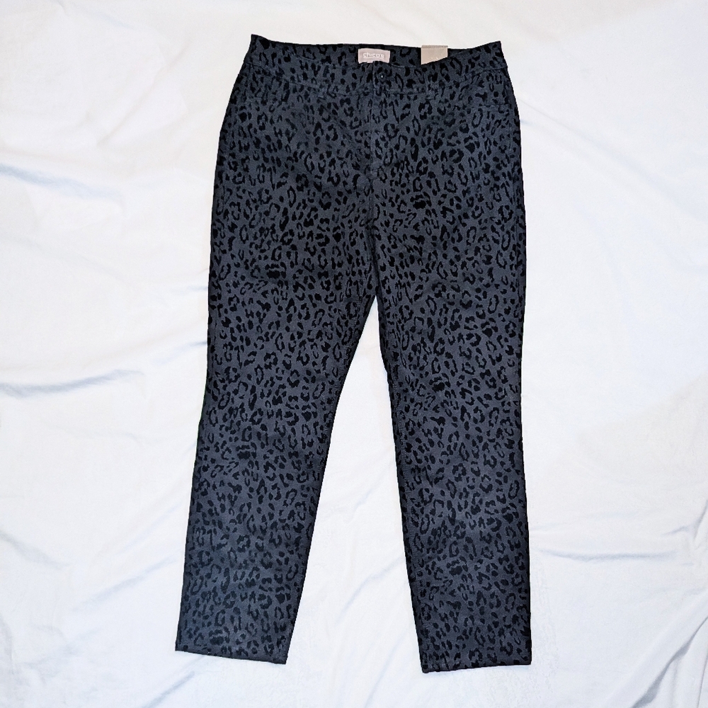 Womens Chico's Size 2 Regular Flocked Cheetah Kerry Slim Regular Black Jeans NWT